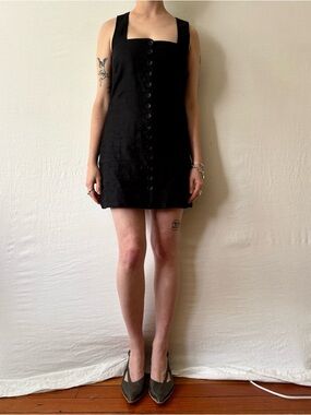 Faithfull the Brand Black Linen Mini Dress Button-Front Square Neck summer chic